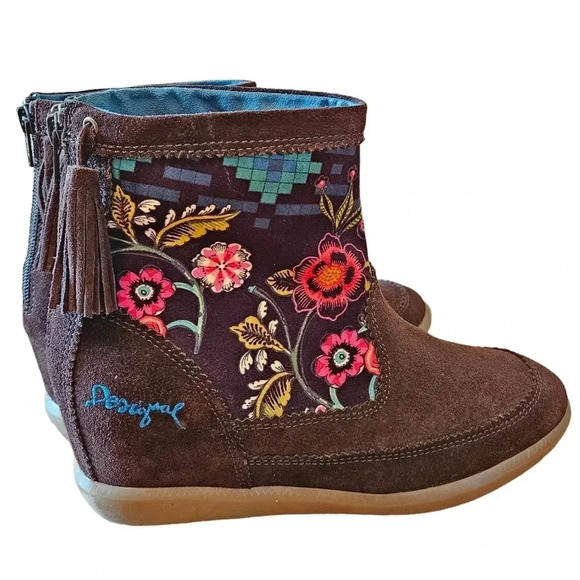Desigual Carlas Suede Leather Bohemian Floral Hippie Ankle Brown Boots Size 37. - Picture 9 of 13